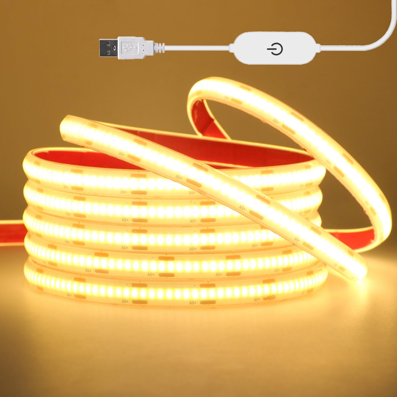 KAFULA DC5V Dimmable USB Powered COB LED Strip 9.84ft/3m Warm White 3000-3500K IP68 Waterproof Flexible FCOB LED Fairy Light for TV Backlight Cabinet Home DIY Lighting