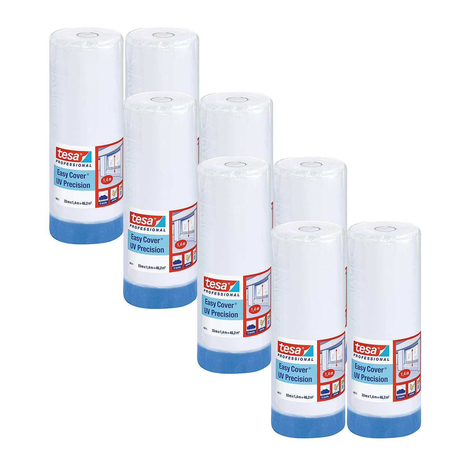 tesa Easy Cover 4411 UV precyzyjna - opakowanie 8 szt. - folia malarska z taśmą malarską do oklejania i przykrywania - taśma malarska 2 w 1 z folią - biało-przezroczysta - po 33 m x 1,4 m