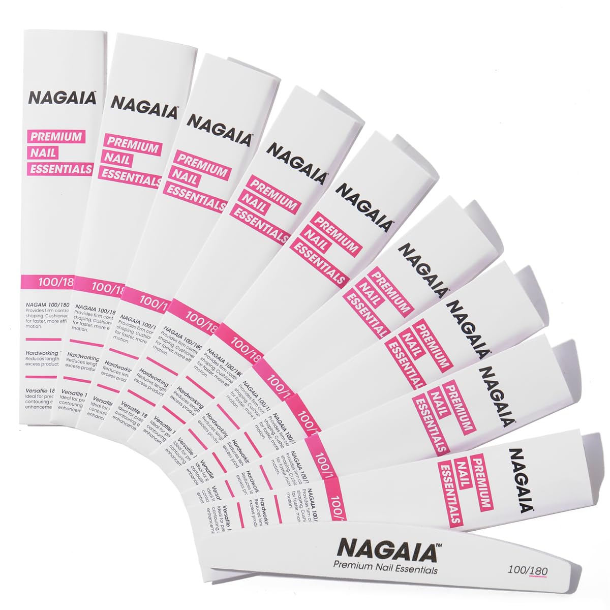 NAGAIA Premium 100/180 Grit Nail Files, Individually Packed, Precision Shaping, Fast Removal & Contouring, for Acrylic, Dip, Gel & Natural Nails, Professional Quality for Salon & Home Use Pack of 10 Pack 10