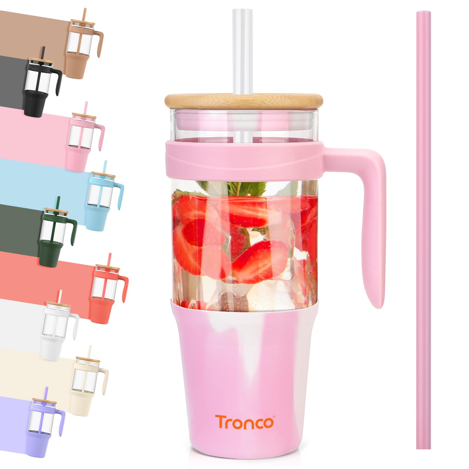 Tronco 40oz Glass Tumbler with Handle, Glass Tumbler with Straw and Bamboo Lid, Glass Water Bottle Fits in Cup Holder, Iced Coffee Cup, Smoothie Cup, BPA Free, Dishwasher Safe (Mixed Pink)