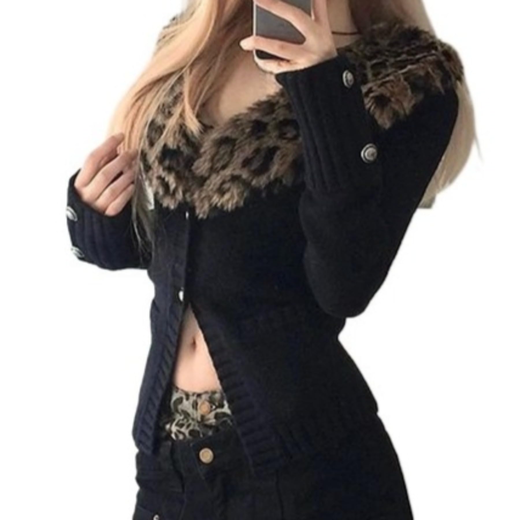 Slim Fit Knit Detachable Faux Fur Leopard Collar Long Sleeve Pullover Soft Comfortable Fashion Autumn Sweater
