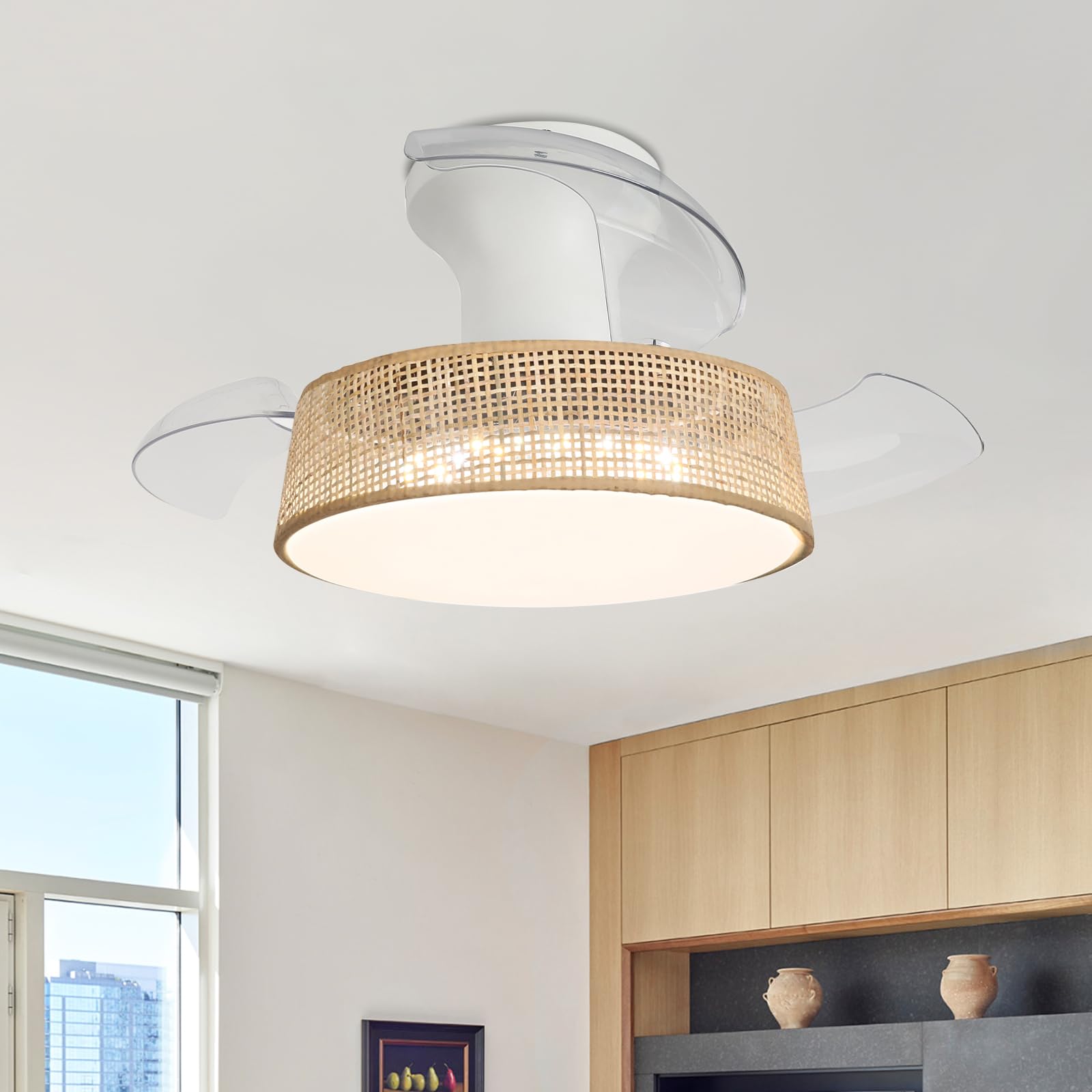 Small Ceiling Fan with Light Retractable Folding Blades, Bohemian Lamp Ceiling Fan Bedroom and Remote Control, 52 cm LED Dimmable 6 Speeds DC Motor Timer for Living Room-A-CeilingMounted