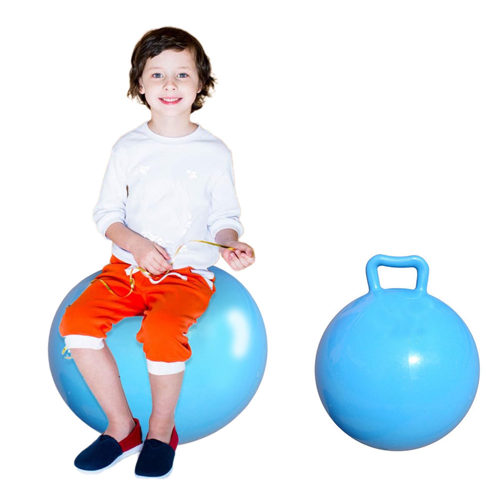 Kids Exercise Bouncing Ball with Easy Grip Handle, 440mm Ball for Indoor Outdoor Use, School PE Activity Toy That Develops Motor Skills (Blue)