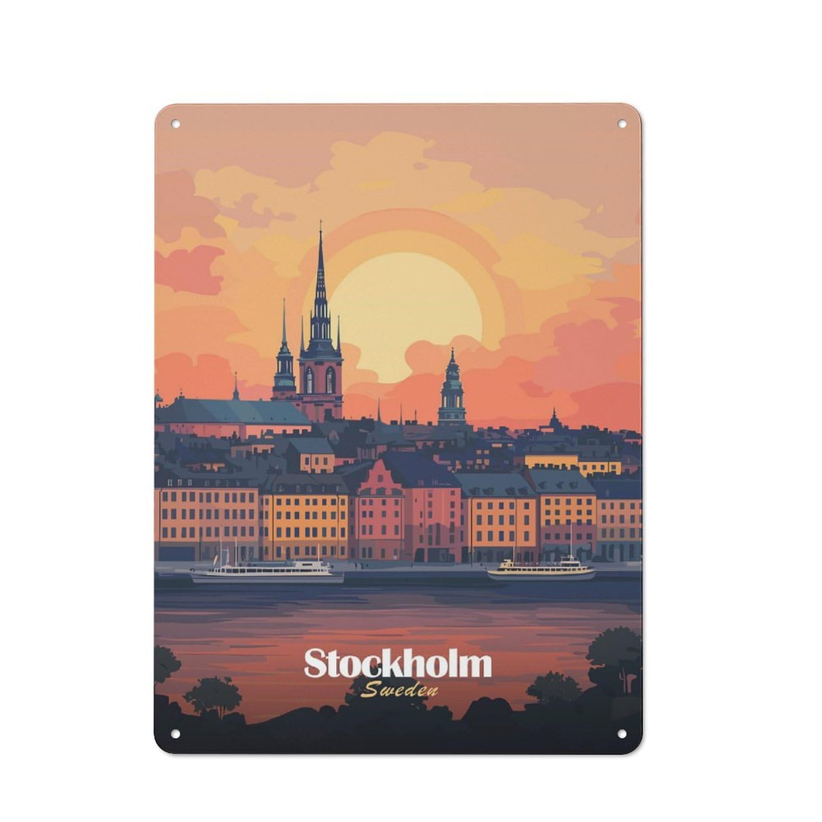 Junmoney Style-1 Stockholm Sunset Skyline Rustic Metal Plaque 40X30cm For Living Room Or Hallway, For Garage, Workshop And Man Cave Decoration