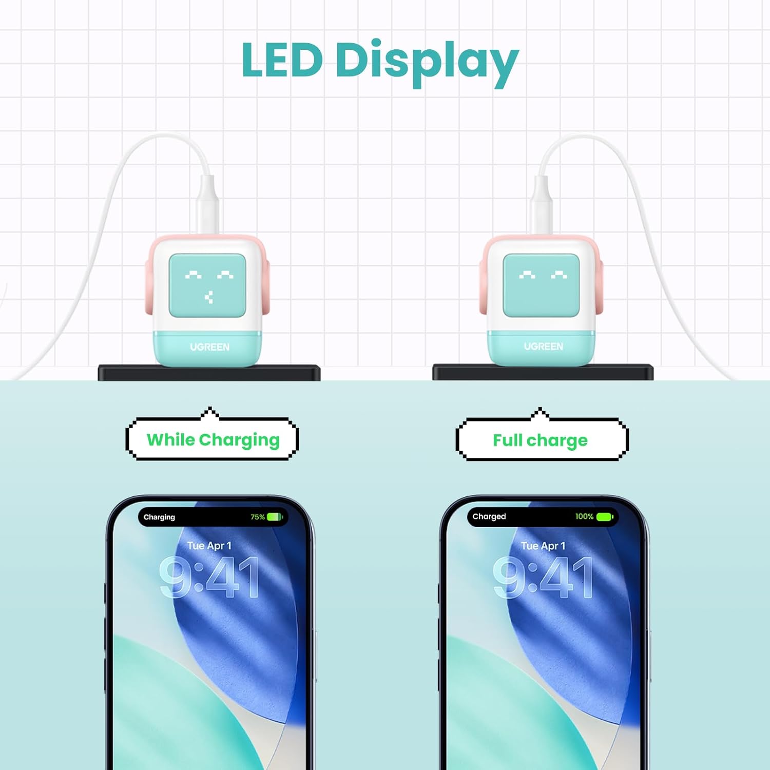 UGREEN Uno 30W USB C Charger Block, Compact Nexode Robot GaN Fast Charger for iPhone 17/16/15/14, Galaxy S25/S24/S23, Pixel 10/9/8/7, MacBook Air, iPad Pro (Pink Blue) - Image 5