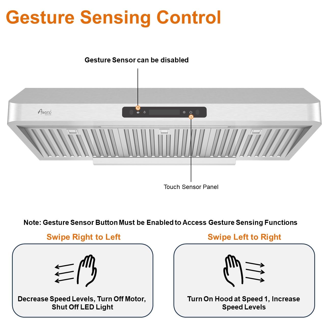 Campana extractora debajo del gabinete de 36 pulgadas, acero inoxidable de 7 pulgadas de alto, 6 velocidades con panel de control táctil de detección de gestos, 900 CFM con control remoto, barra 2