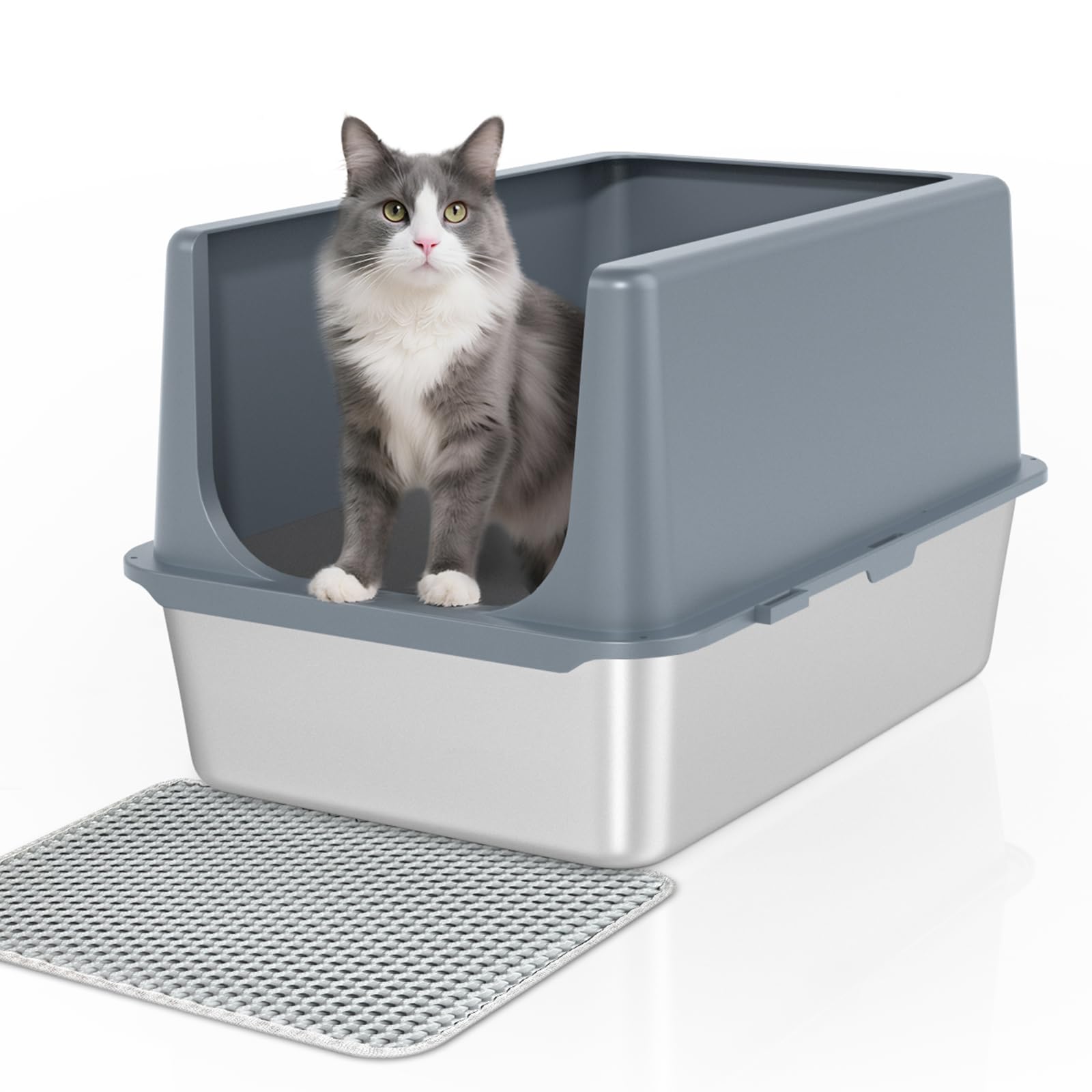 LIHONG Stainless Steel Cat Litter Box, XL Metal with Lid, Cat Litter Pan for Large Cats, Non-Sticky Large Kitty Litter Box, Anti-Leakage, 23.5" X 15.5" X 14" XXL