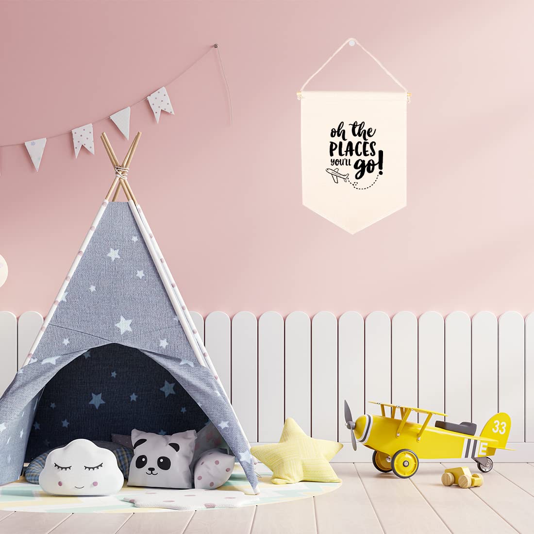 Andaz Press Hanging Banner, 'Oh The Places You'll Go' Canvas Tapestry Wall Hanging for Baby Girl, Boy, Kids Nursery Decor, Pennant Flag Wall Art, 1-Pack