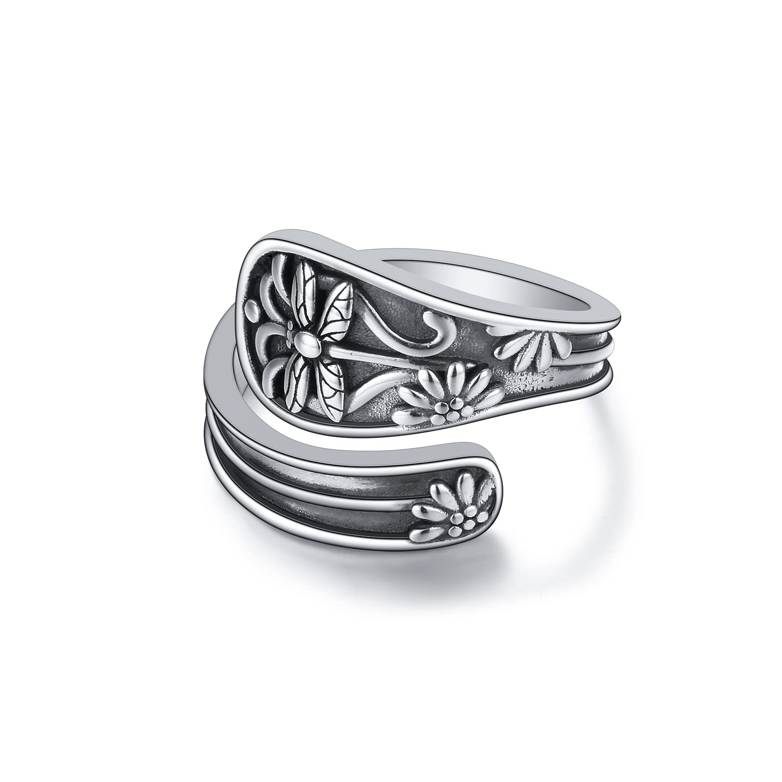 Flyow Anillo de cuchara para mujer, plata de ley 925, turquesa, mariposa, anillo ajustable, girasol/loto, flor de loto, anillo vintage de joyería victoriana, regalo para mujeres