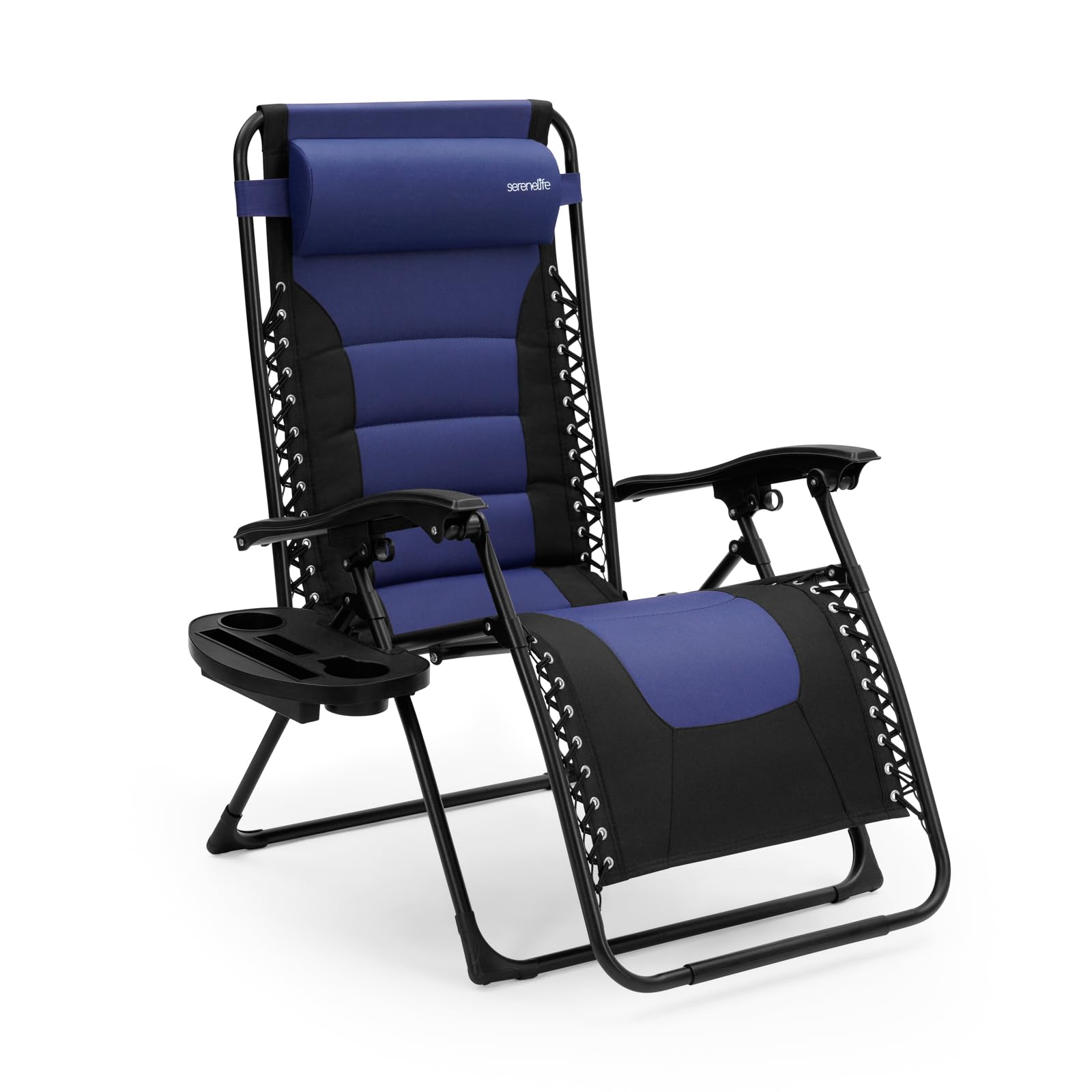 SereneLife Padded Zero Gravity Lounge Chair - Reclining Patio Chairs - Outdoor Lounge Chairs with Detachable Cup Holder Tray - Folding Recliner Chair with Removable Pillows - 1, Blue and Black