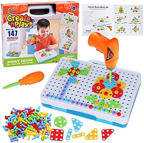 Haifeng 147 Pieces Creative nPlay Drill and Screwdriver Toy Set, DIY Mosaic Design Art Kit, STEM Education Learning Toy for Kids Aged 3-8 Years Old