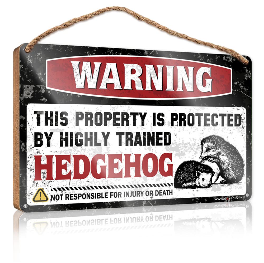 DTHA Funny Signs For Bedroom Warning This Property Is Protected By A Highly Trained Hedgehog Wooden Sign Spring Porch Decor Front Door Decor(23X35CM)