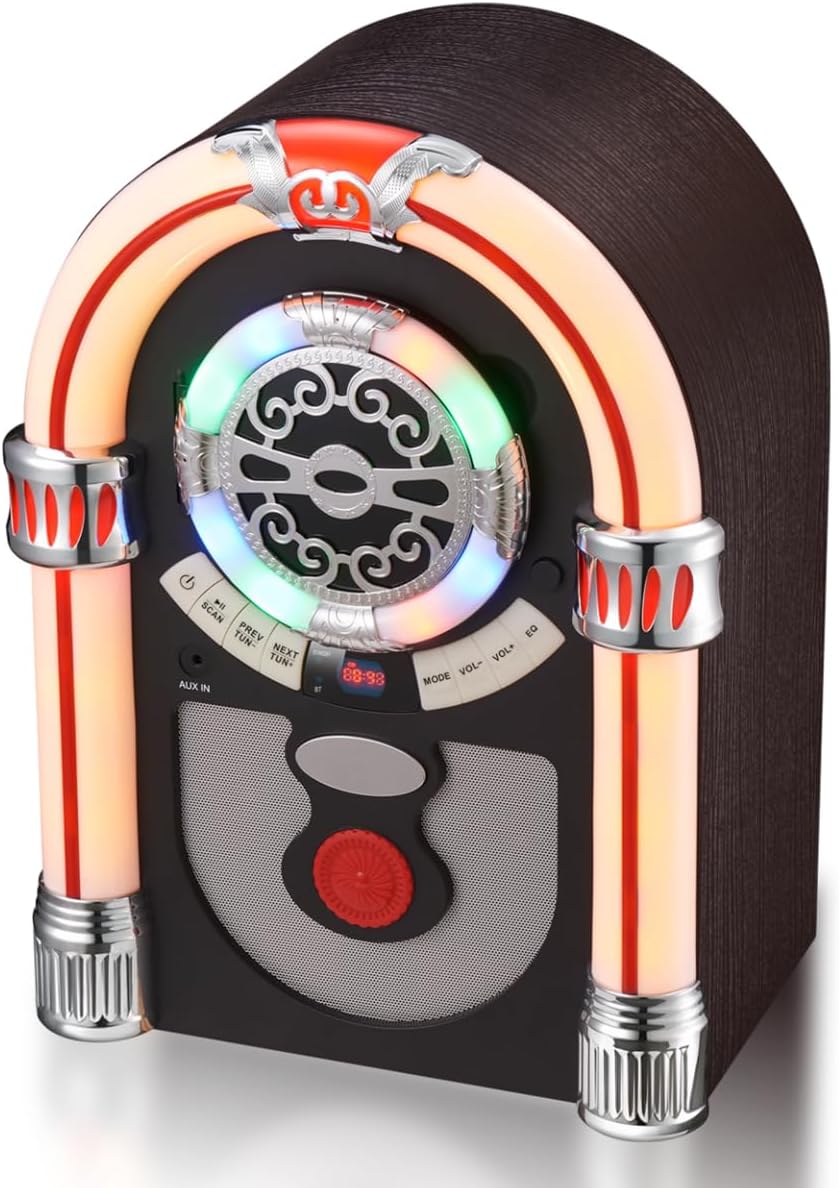 Retro Tabletop Jukebox with Bluetooth Speaker- Vintage Nostalgic Style FM Radio, AUX-in Port, EQ Modes, Color Changing LED Tubes, Wireless Music Streaming and Space - Saving Design(Brown)