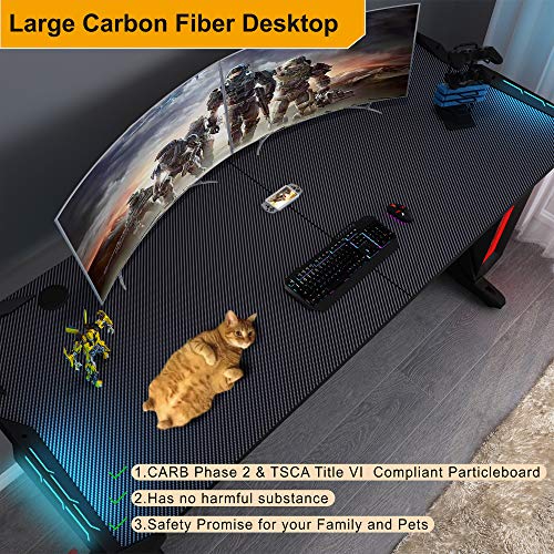 Designa 60" Gaming Desk With Rgb Led Lights, Large Z-Shaped Gaming Pc Desk With Carbon Fiber Desktop Home Office Computer Game Desk Table For Gamer W Mouse Pad, Cup Holder, Headphone Hook, Black #TOP5