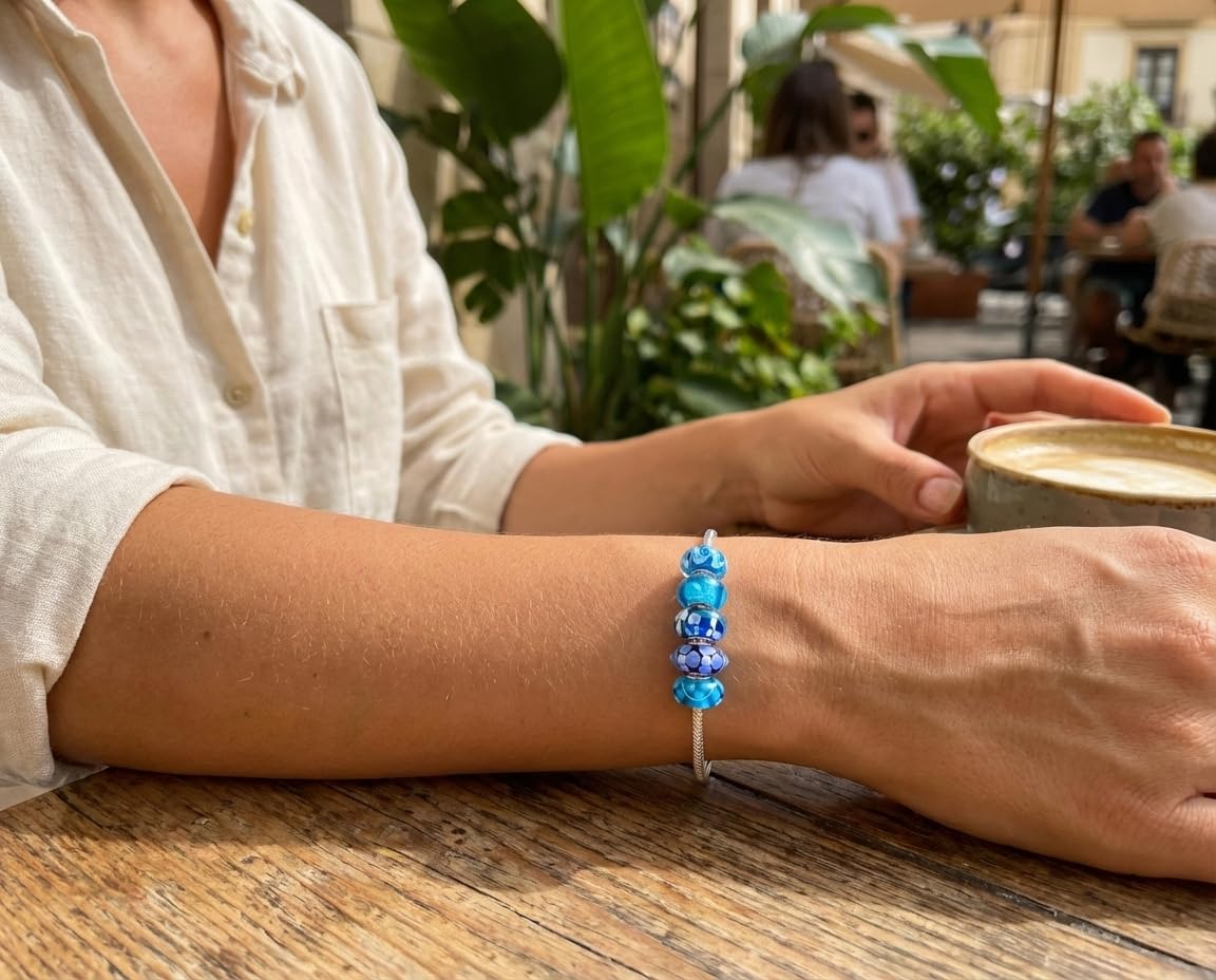 Gemischter Satz Von 6 Bündel .925 Sterlingsilber Kern Durchscheinende Schattierungen Von Blauem Muranoglas Strudel Blume Charm Bead Spacer Passt Europäischen Armband Für Frauen Jugendlich