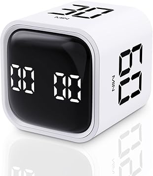 cjc Cube Timer - Rotating Pomodoro Timer with 5/10/30/60min Presets, Custom Countdown & Stopwatch, Silent/Vibrate Alerts for ADHD Focus, Office, Cooking, Gym, Study - Type-C Rechargeable White