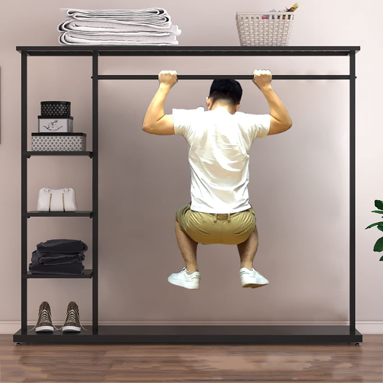 Kleiderständer Modernes schwarzes Schmiedeeisen, bodenstehender Kleiderständer mit 4-stöckigem Ablagefach und Kleiderstange, einfacher Kleiderschrank für Schlafzimmer, 3 Größen (Size : 150x40x155CM)