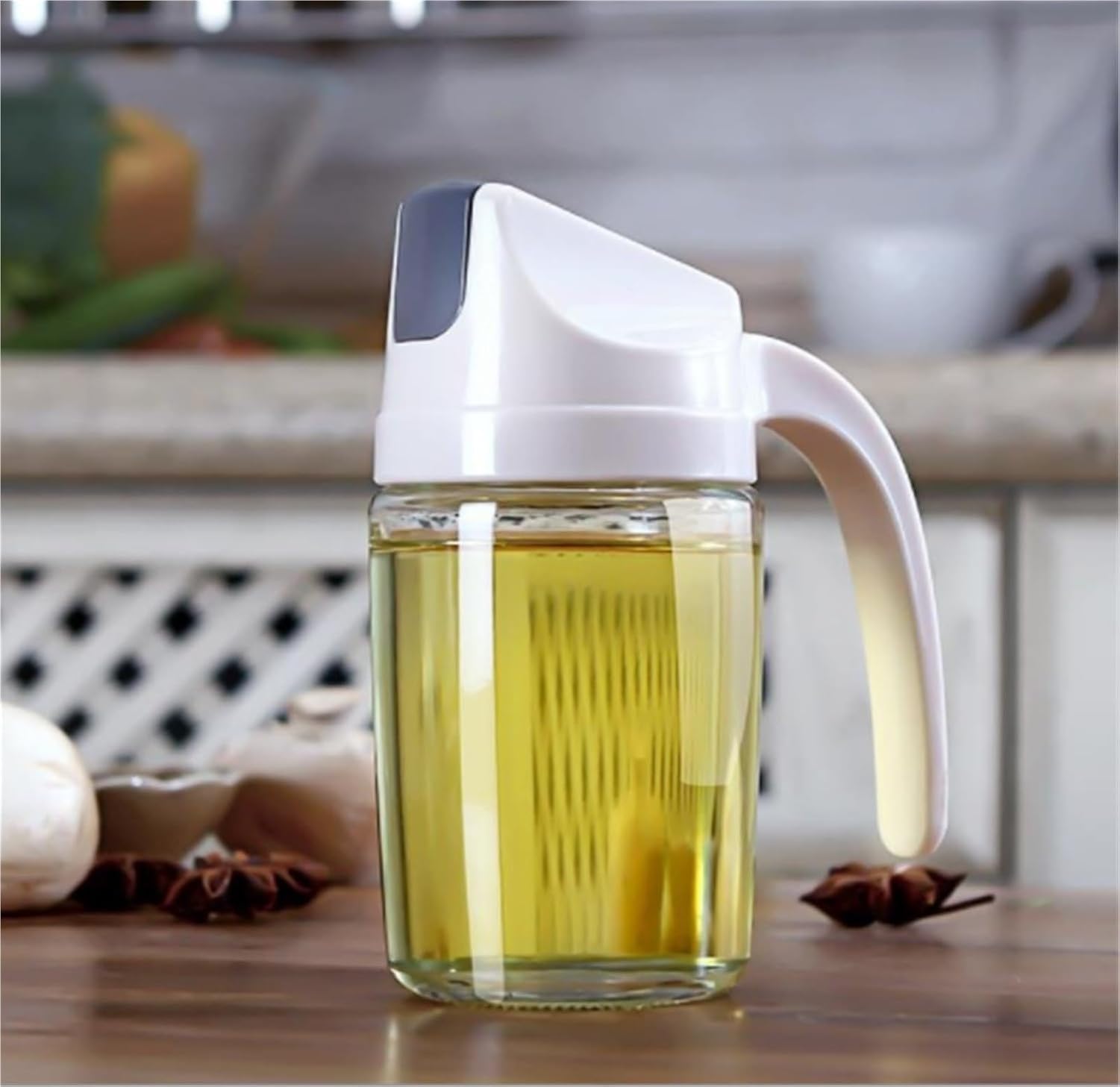 Portabottiglie Olio Vetro Ricaricabile Cucina Contenitore Olio d'Oliva per Friggere Insalata Spruzzo per Air Fryer Erbe, Beige, 600ml