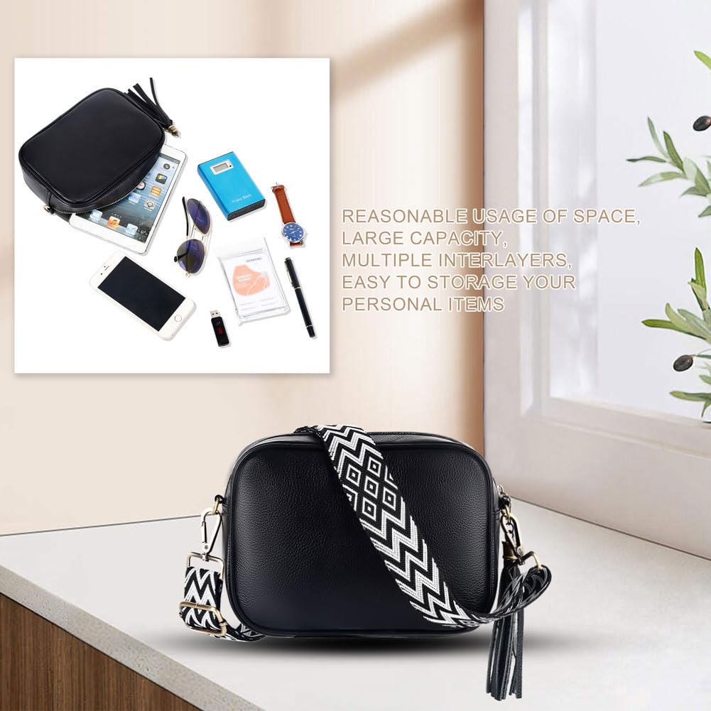 Leathario Borsa a Tracolla in Vera Pelle da Donna Piccola, Borsello a Spalla Donna con 2 Cinturini, Tracolla Larga Decorata e Tracolla a Catena Elegante Nero