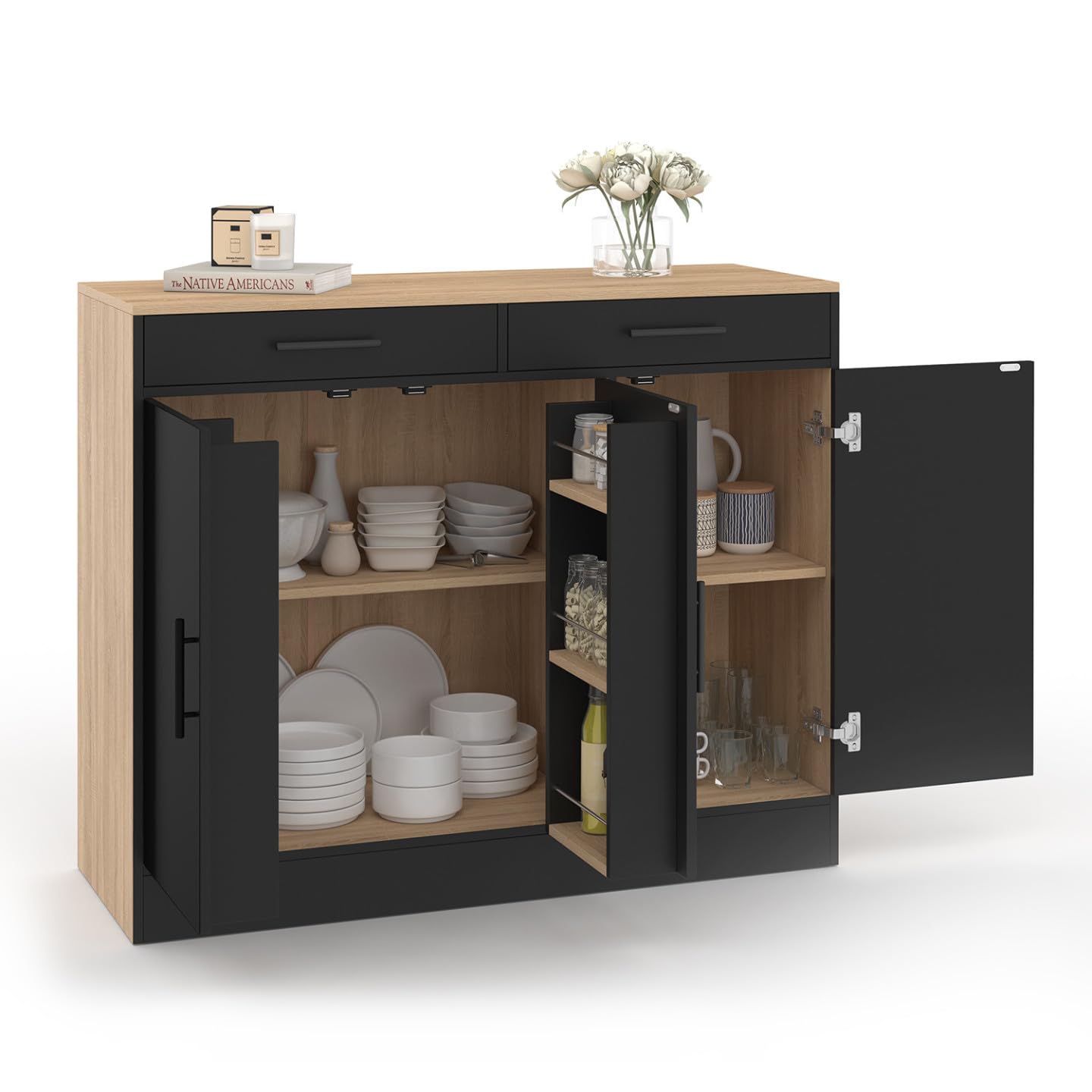 IDMarket - Buffet Bas de Cuisine 110 cm Alto façon hêtre et Noir | Avec rangements