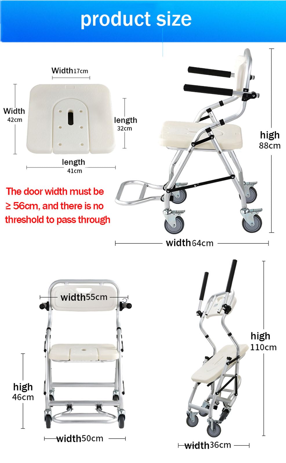 Silla para Ducha con Ruedas Plegable, Taburete de Ducha con Respaldo Extraíble y Apertura en Forma de U, Sillas de Ruedas para Tomar Una Ducha, Ideal para Ancianos, Mujeres Embarazadas