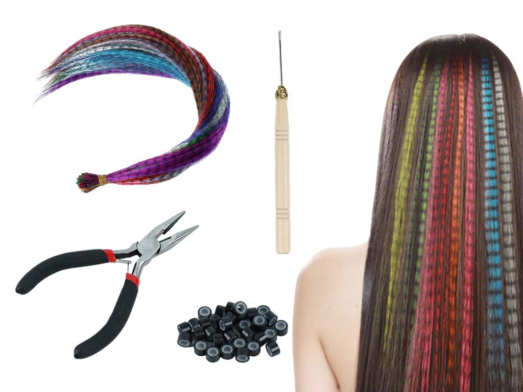 Federhaarverlängerungs-Set,50 Stück Feder Extensions Strähnchen Bunt,Bunte Haarverlängerungs Set mit 100 Silikonring,Zange und Häkchen,Haarschmuck für Barparty,Halloween,Cosplay
