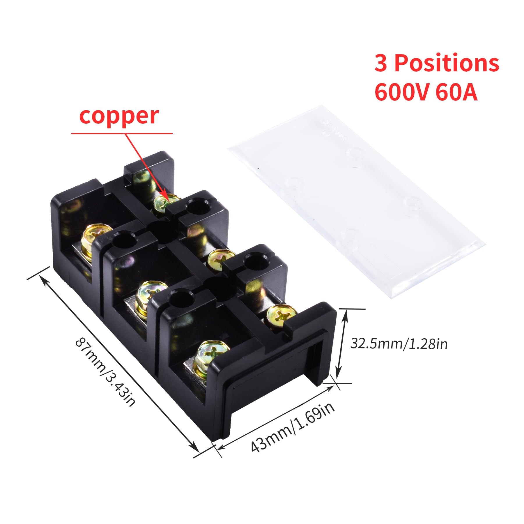 Skweawert 3 Positions Dual Rows 600V 60A Screw Terminal Junction Block, Cable Wire Barrier Block Terminal Strip with Cover Used for Electrical Project, TC-603