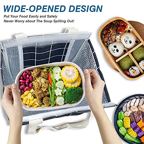 Iknoe Insulated Lunch Bag For Women, Durable Wide-Open Foldable & Portable Lunch Tote With Interior Pockets, Water-Resistant Thermal Lunch Cooler For Adults Picnic Beach-Black Plaid #TOP2