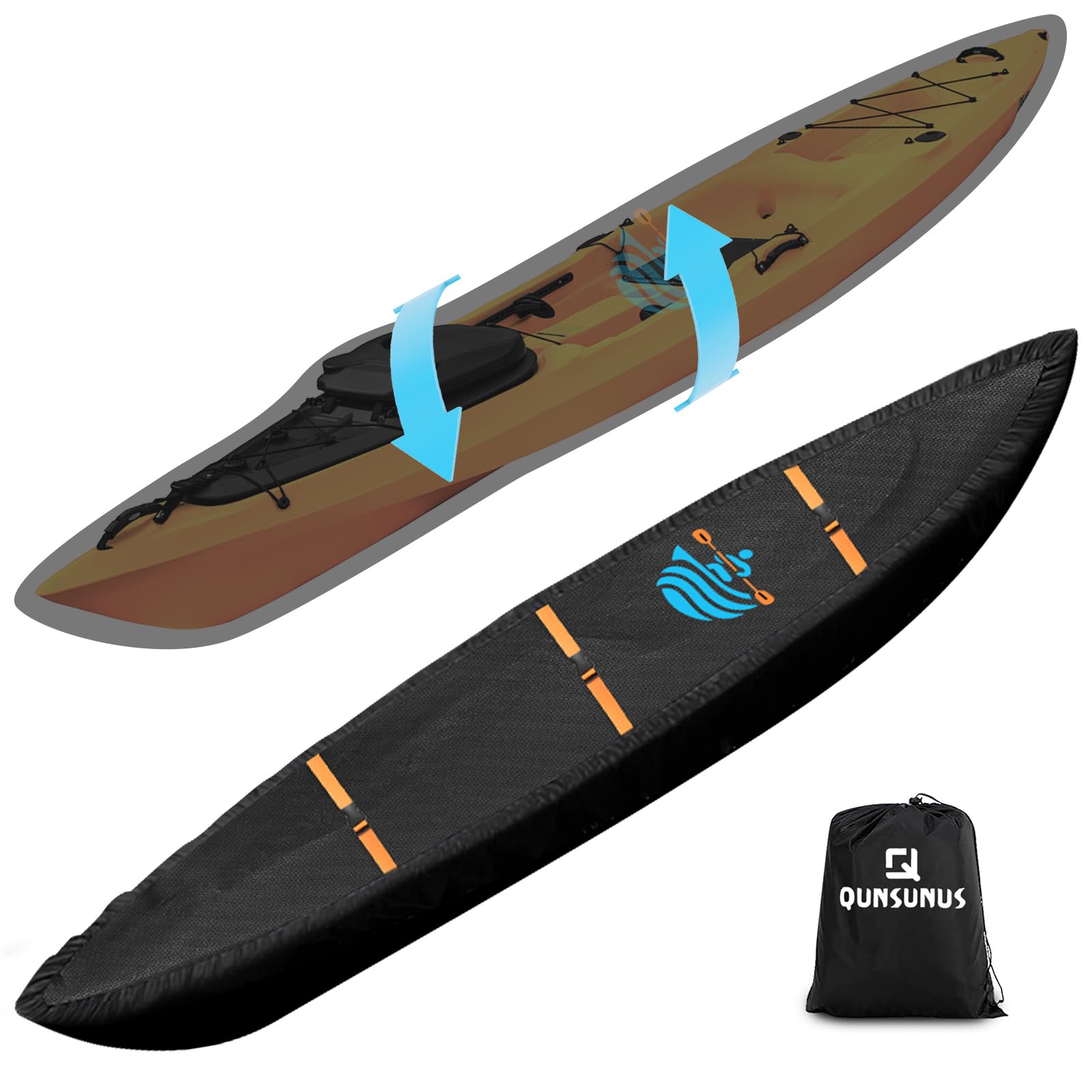 QUNSUNUS Full Kayak Cover 420D, Top and Bottom Combination Waterproof Kayak Covers for Outdoor Storage, Tear and Fade Resistant Canoe Cover with Elastic Hem?10.8-12FT?