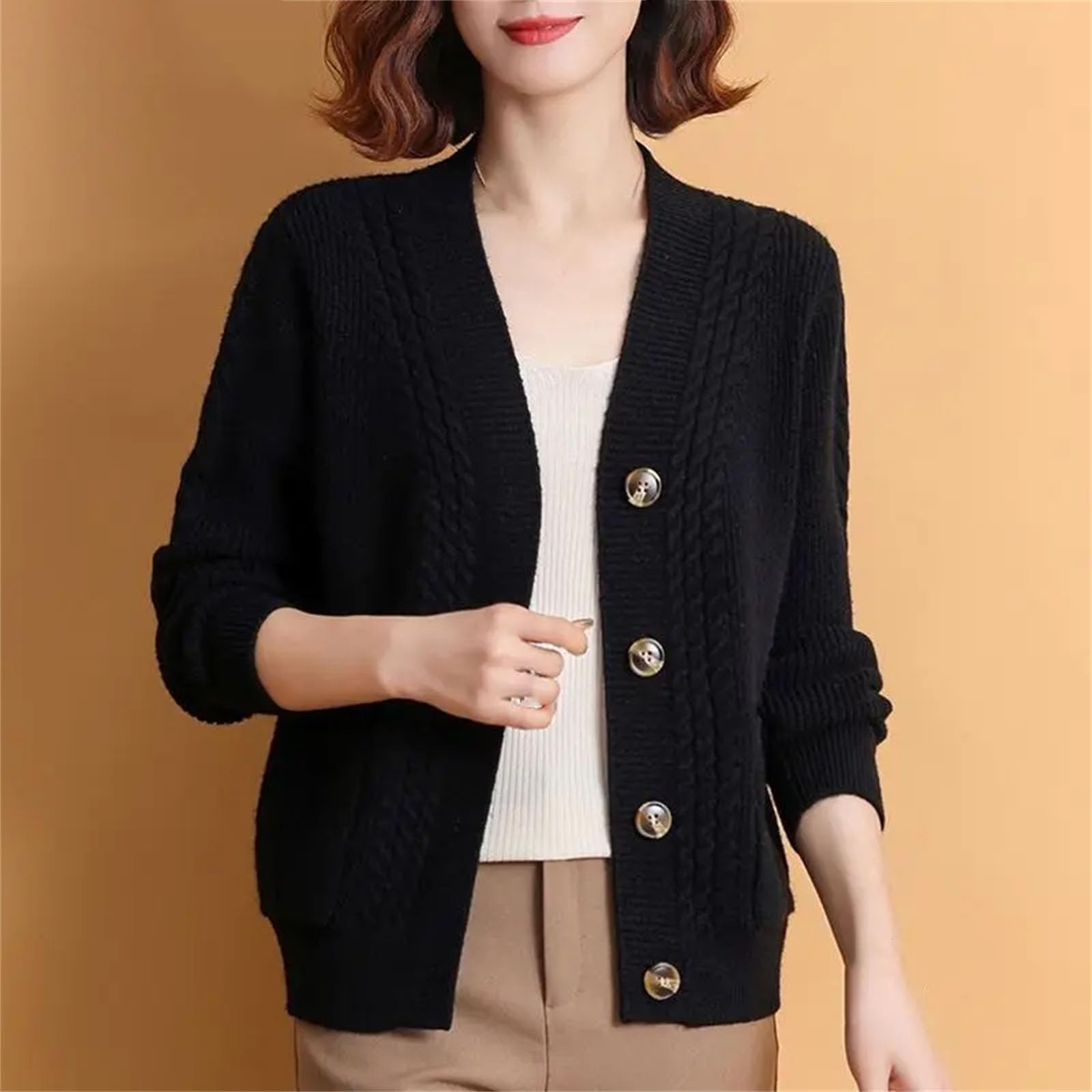Cárdigan de punto para mujer, casual, manga larga, parte delantera abierta, con botones, a la moda, ropa de abrigo