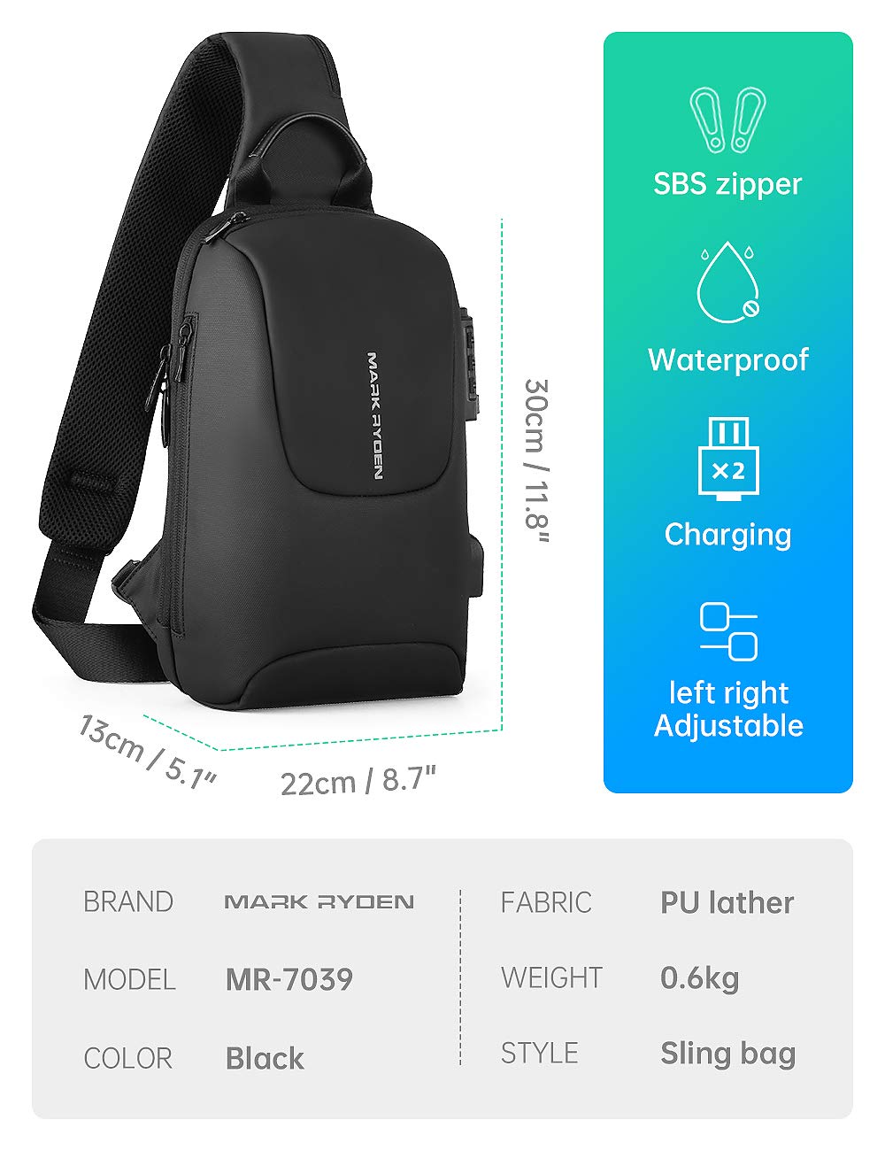 Mark Ryden Bolso Bandolera Antirrobo para Hombre, Bolsos Cruzados con Puerto de Carga USB,Bolso de Pecho Impermeable para Viajes, Trabajo, Escolar, Negocios-negro