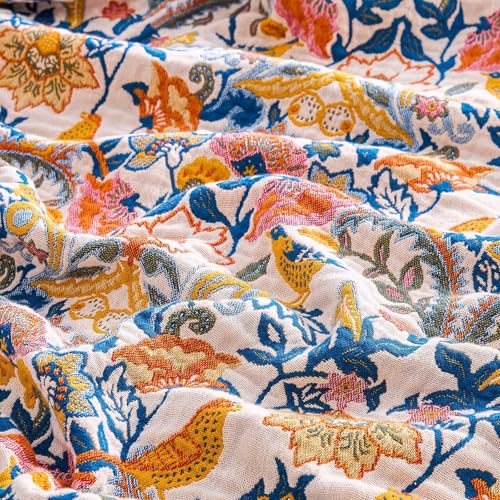 Image of XIBLC Boho Blanket Throw Quilt, 100% Cotton Soft Light Weight Throw Blankets for Summer, 60 inchx80 inch Farmhouse Flower Decorative Blankets, All Season Rustic Reversible Bohemian Throw Quilt