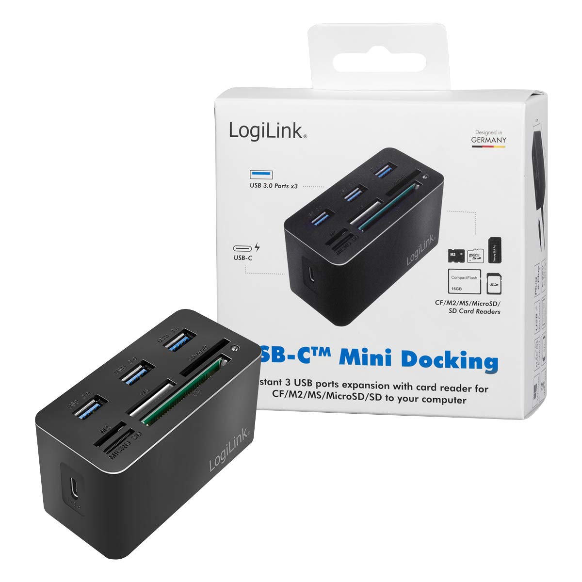 LogiLink CR0046 - Lector de Tarjetas USB 3.2 Gen 1 para Tarjetas MS/SD/M2/microSD/CF y 3 Puertos USB, Color Negro