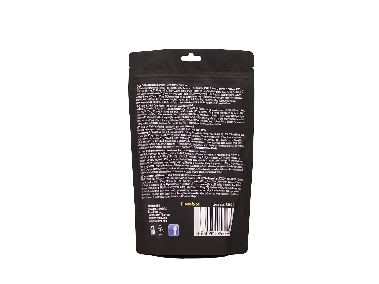 Discusfood Pleco & Catfish Carni Wafers, 150 g, nourriture principale pour poissons-chats, carnivores, pour tous les poissons-chats et poissons d'ornement ayant un besoin élevé de protéines
