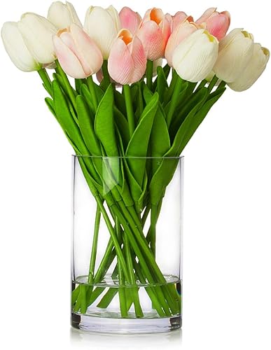 ENOVA HOME 20 arreglos florales de tulipanes artificiales de tacto real en jarrón de vidrio con agua sintética para decoración del hogar (blanco