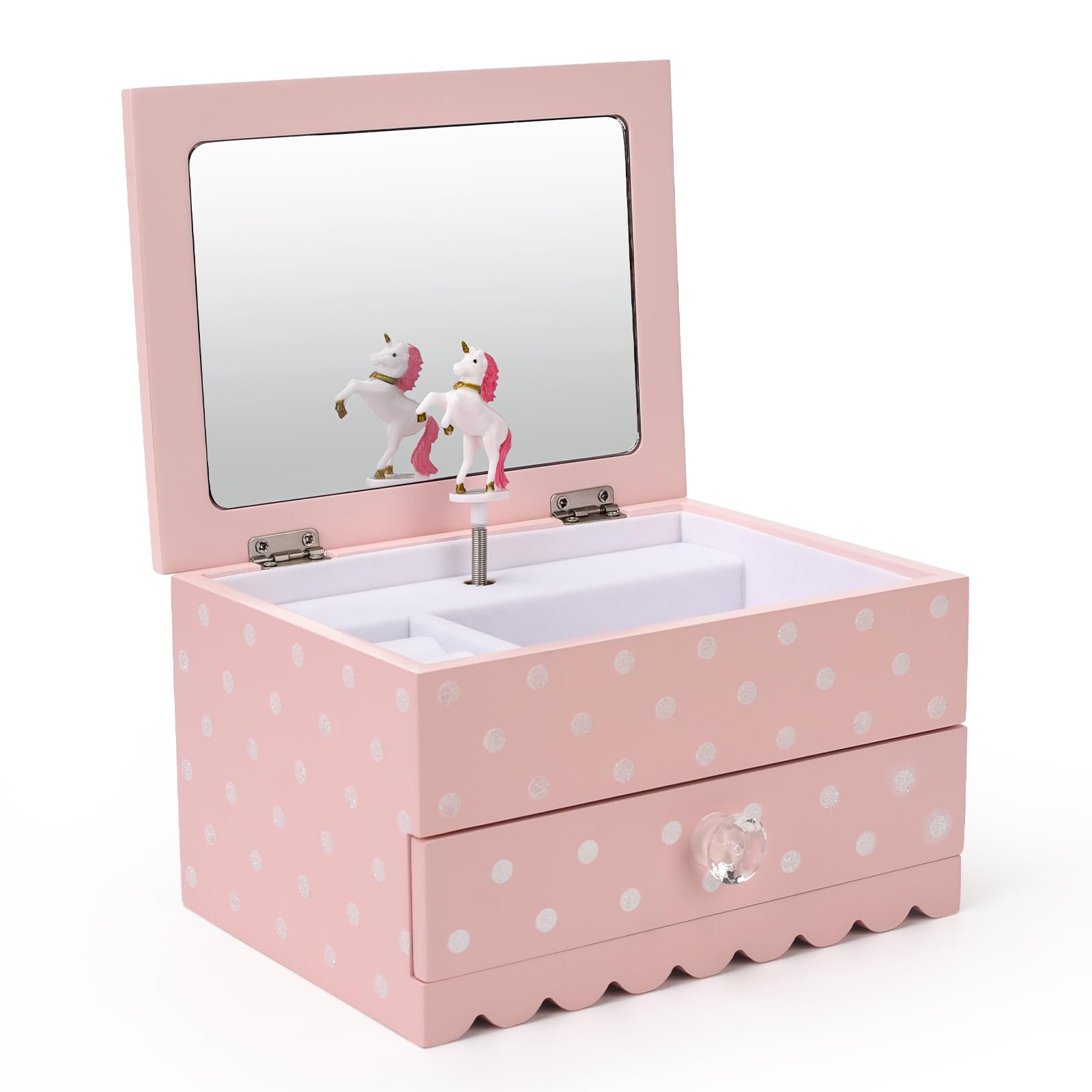 Art Lins Bella Unicorn Jewelry Box for Girls and Teens - Wooden Music Box With Sparkling Polka Dots - Charming Room Decor and Childhood Memories Keepsake - Birthday Gift (Pink)