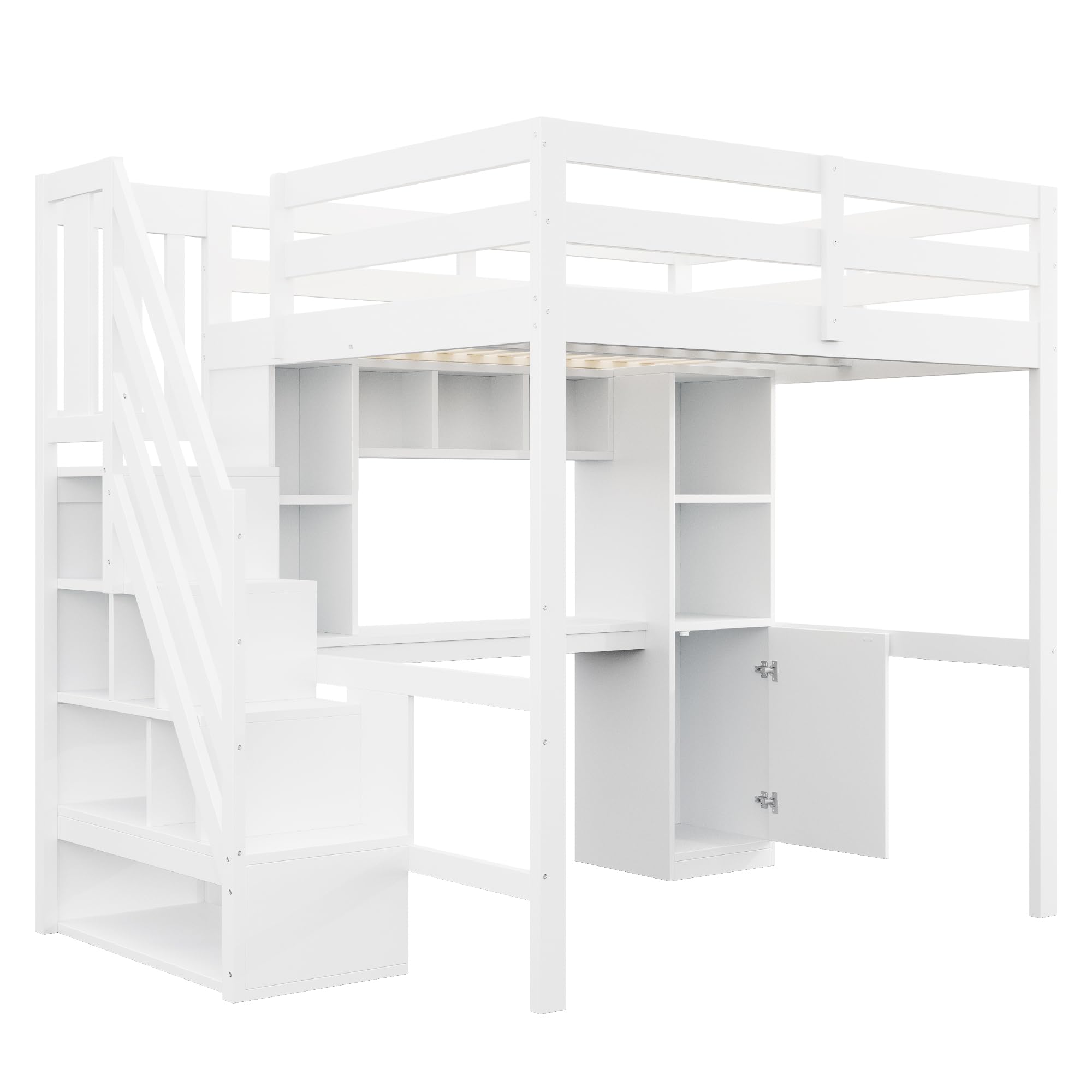 Letto a soppalco con scale, letto in legno bianco, con vano portaoggetti, scrivania, scaffali, illuminazione a LED e prese standard UE e griglie di sicurezza elevate (140 x 200 cm (dimensioni