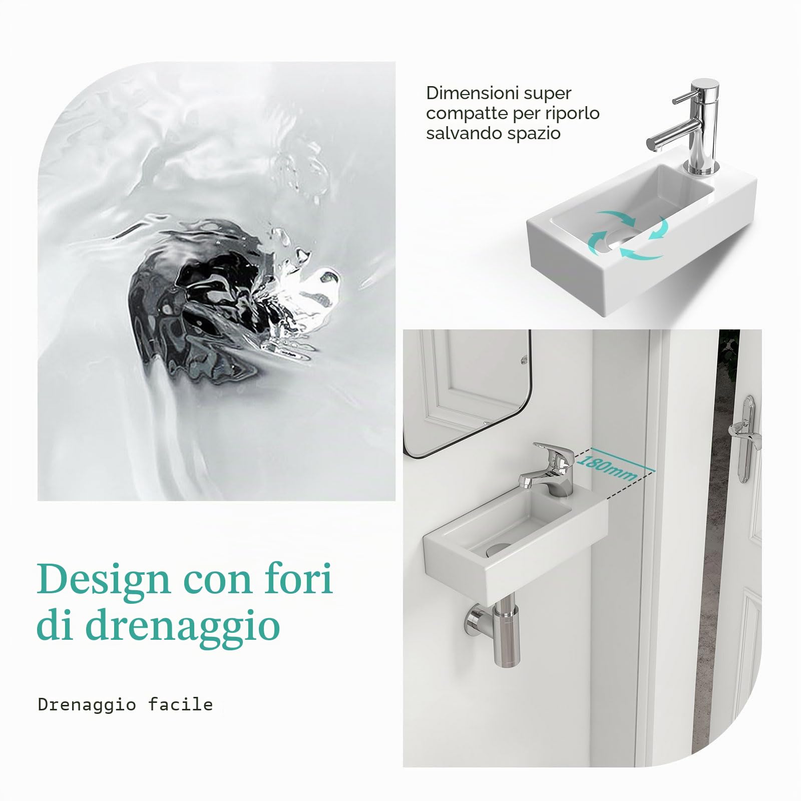 EMKE Lavandino – Mini lavabo sospeso per bagno & WC ospiti – 40 × 20 × 10 cm – Lavabo in ceramica di alta qualità – rettangolare rubinetto foro destro – bianco