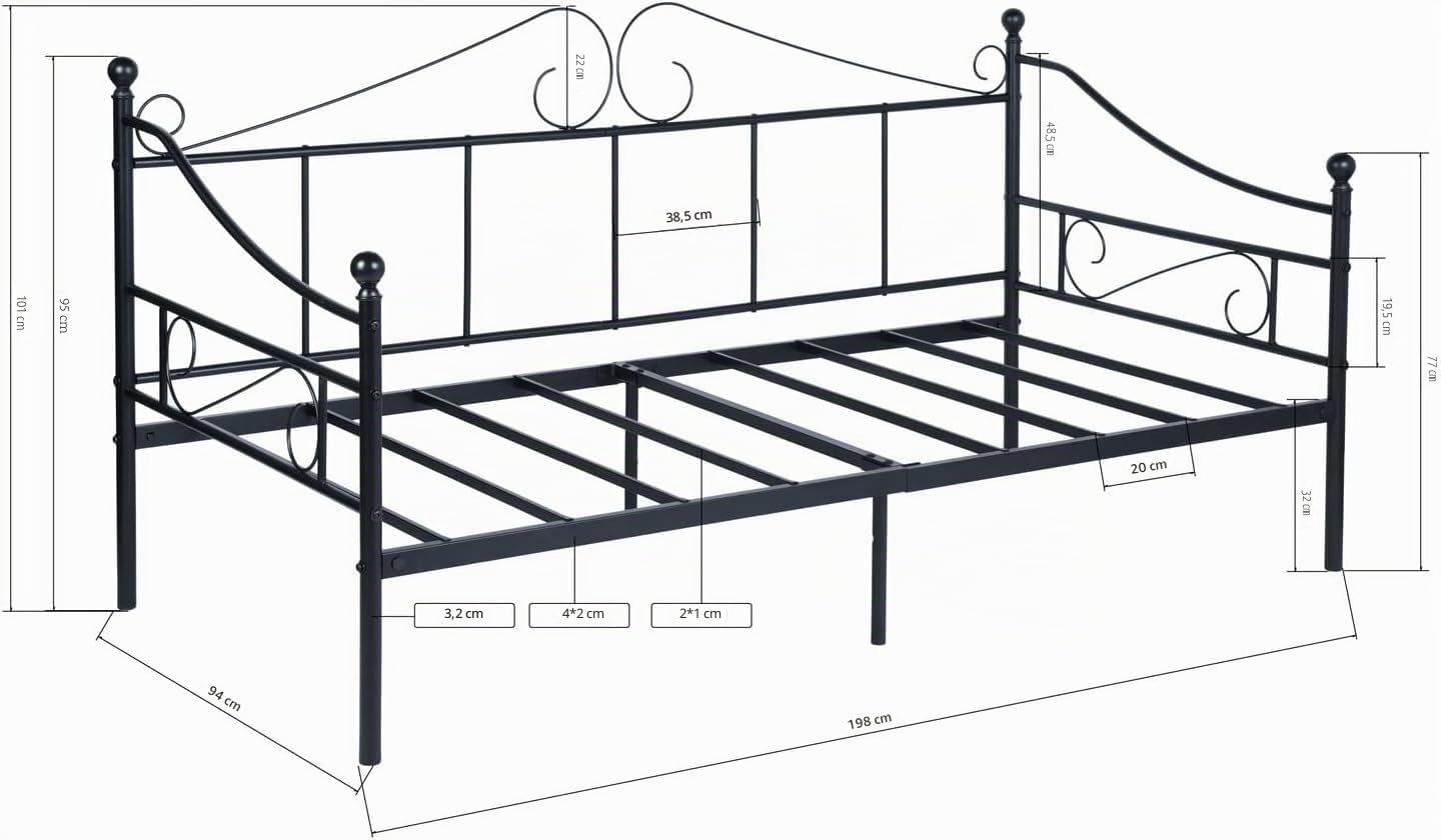 Lit Banquette 90x190 Simple en Métal Banquette Lit Canapé pour Matelas de 90x190 cm, Sofa Bed Daybed Canapé-Lits en Fer Forgé Pas Besoin de Sommier pour Chambre/Salon/Véranda/Jardin/Noir(Style A)