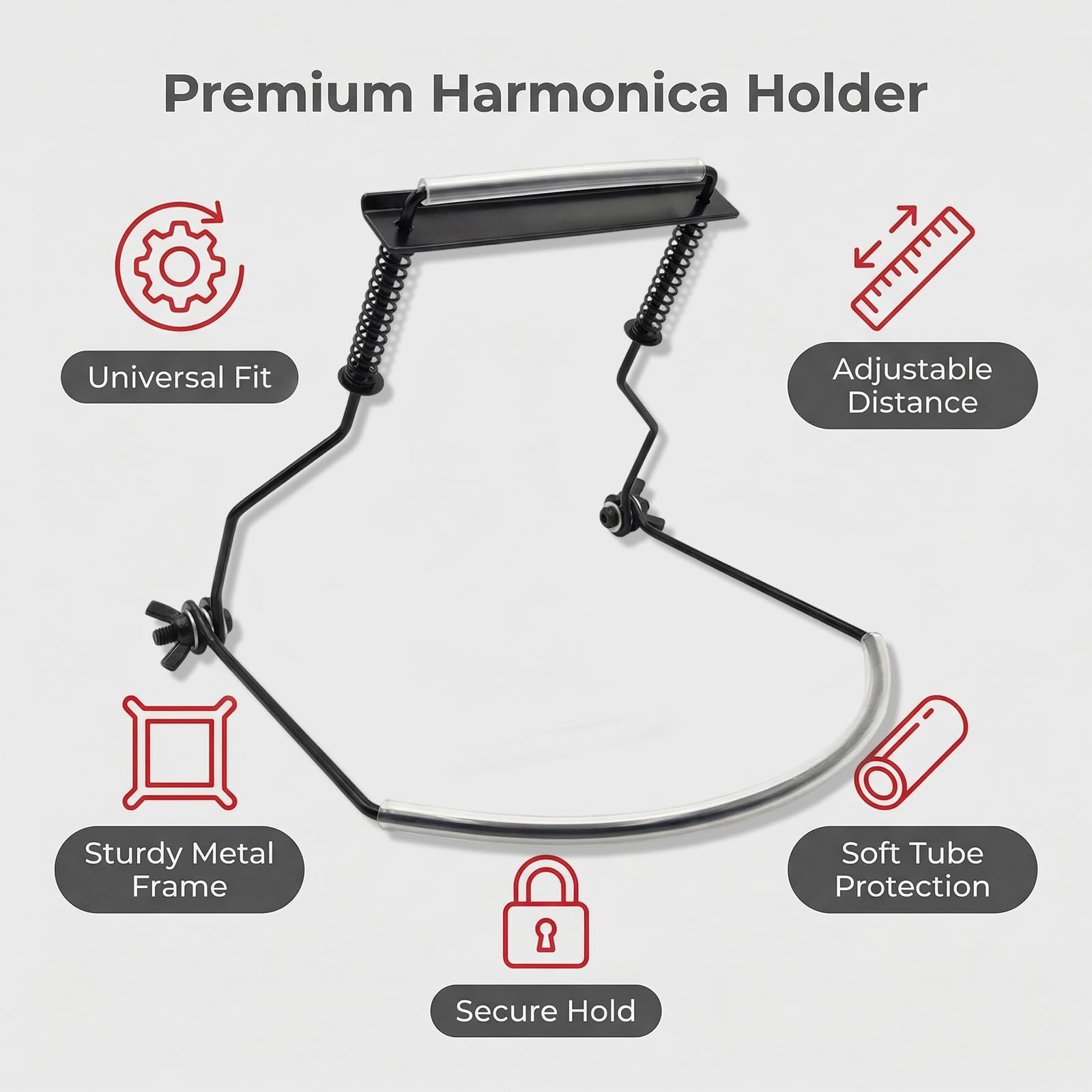 Support d'Harmonica à 10 Trous, Support de Cou en Métal avec Tubes Souples, Distance Réglable Maintien Stable, Convient à Toutes les Marques pour Pratiques et Concerts (Noir)