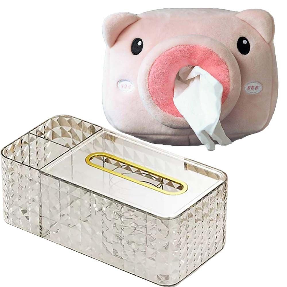 2PCS Rectangular Clear Acrylic Tissue Box Holder and Kawaii Pig Tissue Box, Multifunctional Tissue Box Bathroom Facial Napkin Box Holders, Table Clear Dryer Sheet Dispenser for Bathroom, Kitchen Cars