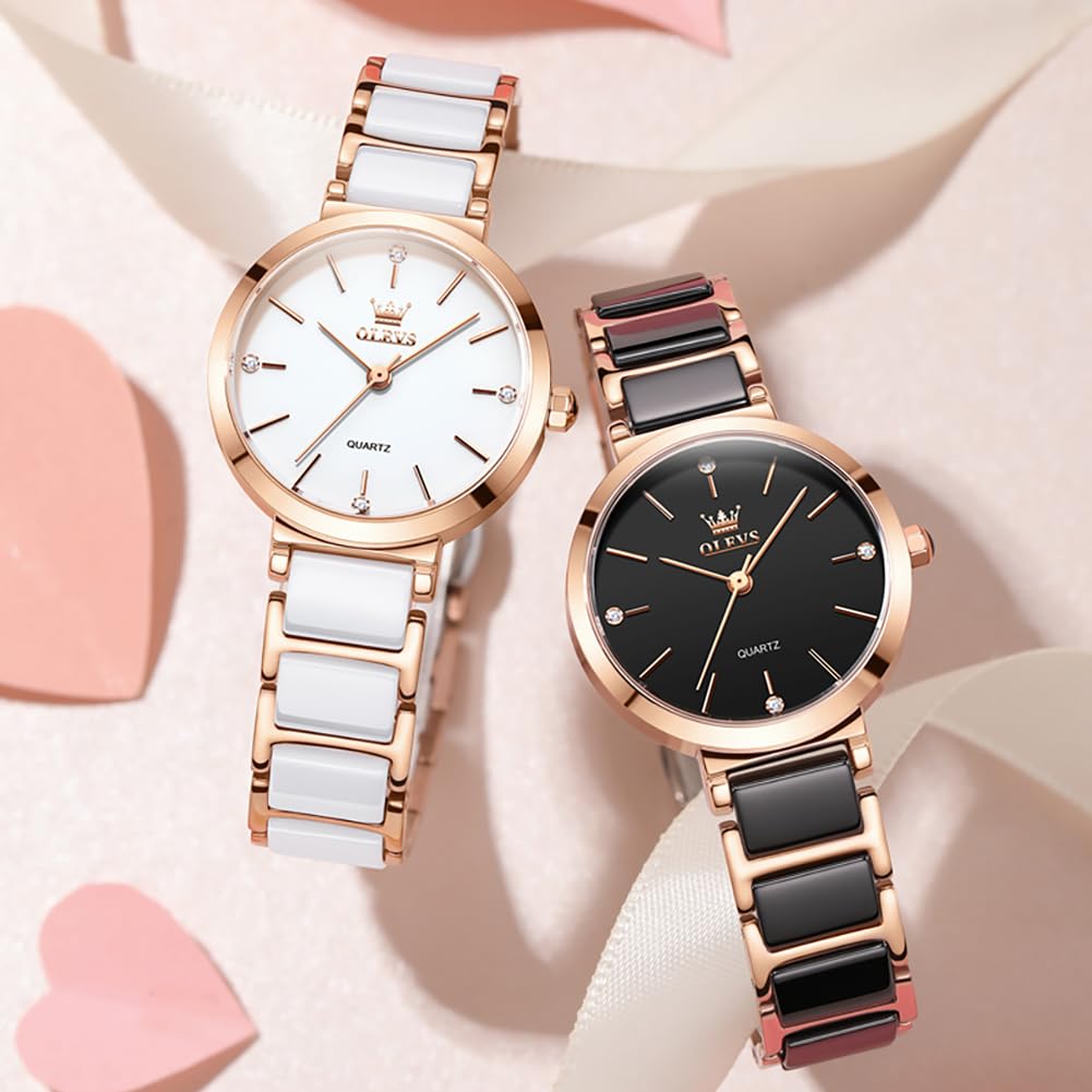 Damenuhr, Roségold Keramik Edelstahl-Uhr, 30mm Kleines Zifferblatt | Minimalistische analoge Quarzuhr, wasserbeständig, für schmale Handgelenke, Schwarz & Weiß – elegantes Geschenk für Damen