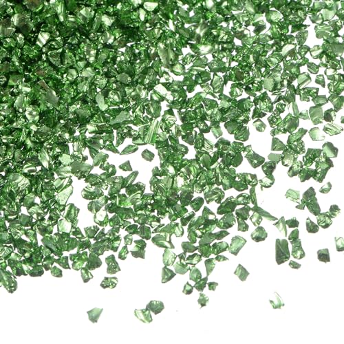 HARFINGTON 40g Crushed Glass Chips 1-3mm Shiny Electroplating Irregular Broken Sprinkles Chunky Glass for Crafts DIY Resin Art Decoration Vase Filler, Lake Green