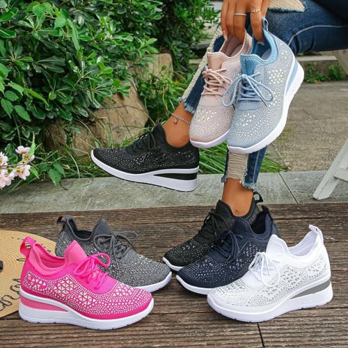 Women's Glittery Rhinestone Fashion Breathable Wedge Sneakers, Orthopaedic Mesh Platform Sneakers Sparkly Bling Wedding Dressy Tennis Shoes for Bride2