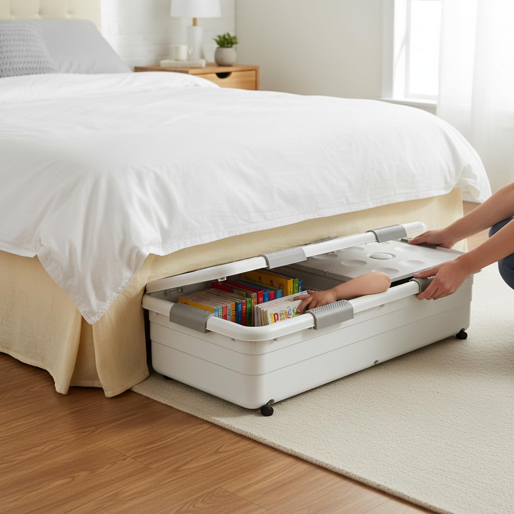 Organizer Sottoletto con Ruote, Bianco elegante 100x52x29cm