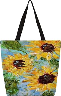 Sacola de lona para mulheres, flor e girassol, pintura a óleo, sacolas grandes para homens com bolsos, sacolas de compras resistentes, sacolas de compras reutilizáveis, bolsa de ombro casual para escola, trabalho, praia, Multicor