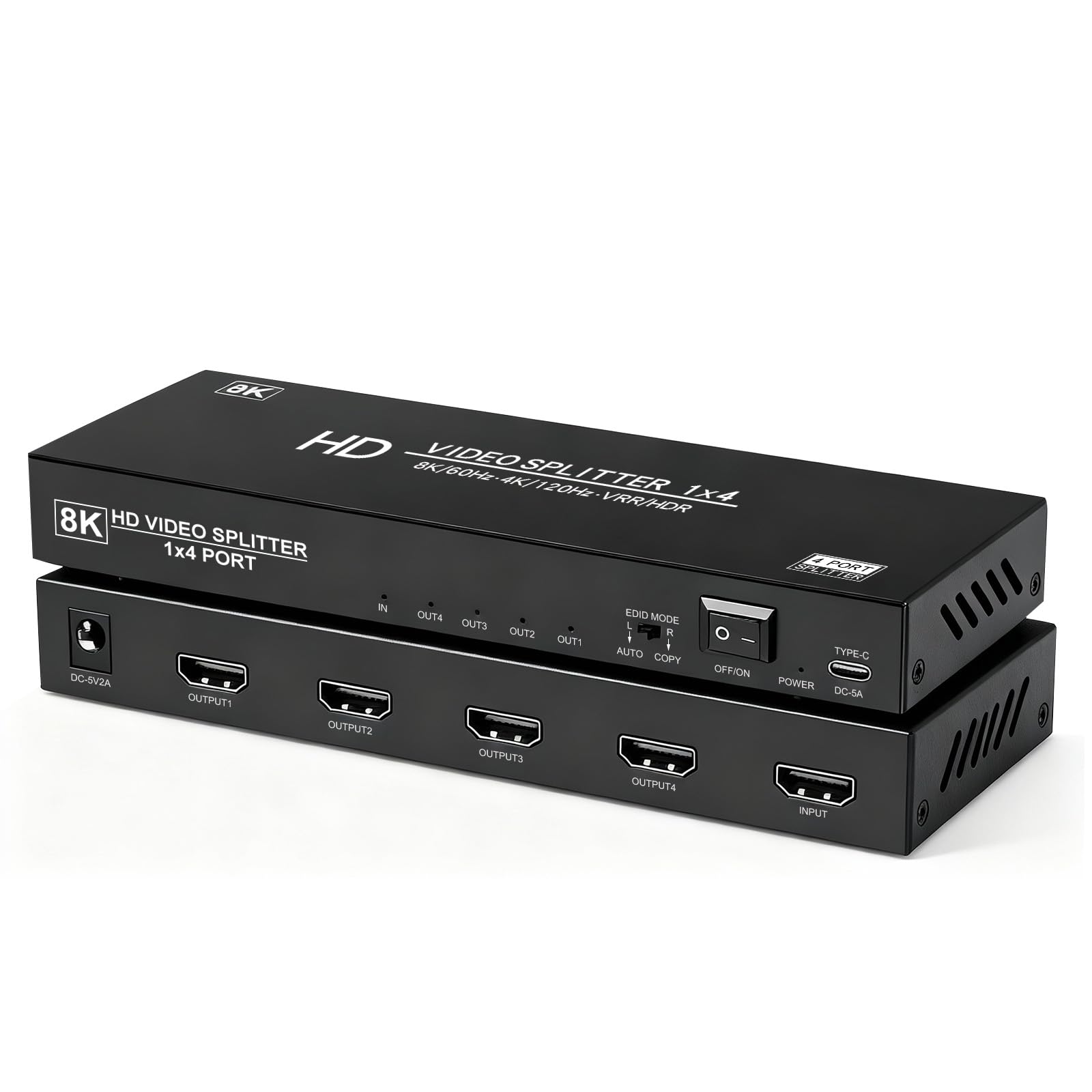 Splitter HDMI 8K 1 in 4 Out, 4K @ 120Hz 1X4 hdmi 2.1 Splitter Supporto 8K @60Hz, 4:4:4, 48 Gbps, EDID, Auto Down Scaler, 8K e 4K o 1080P Sync HDCP 2.3, VRR, HDR10+ per PS5, laptop, HDTV, proiettore
