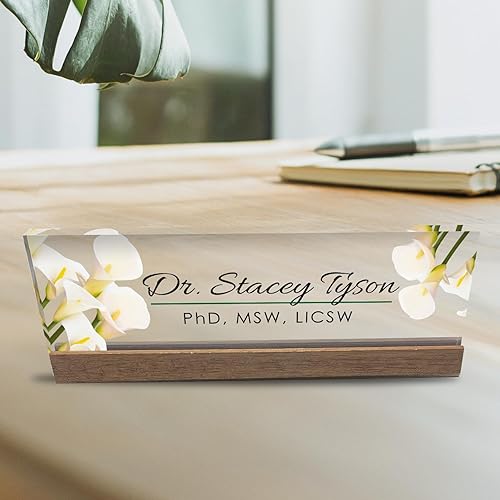 Miniatura 7 de Artblox Placa de identificación personalizada para escritorio de oficina y tarjetero  Vidrio acrílico transparente con soporte de madera de teca