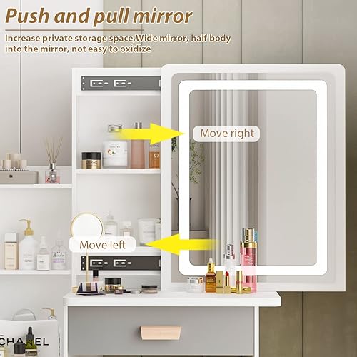 Miniatura 3 de Tocador pequeño de maquillaje con espejo, 4 cajones y estantes, tocador y taburete acolchado (blancogris, espejo iluminado deslizante)