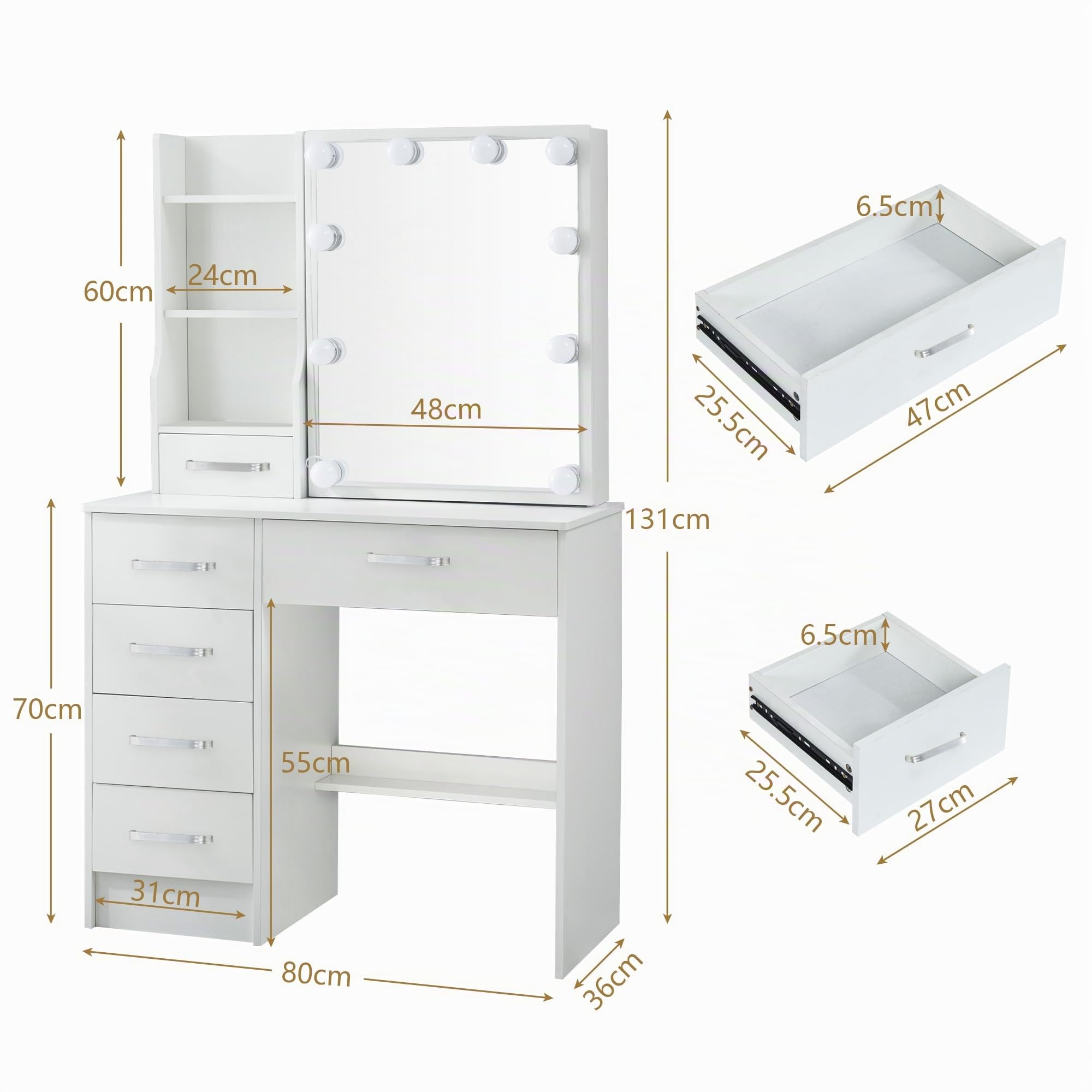 Postazionetrucco, Specchiera con regolabile LED illuminato, Toletta da camera da letto con 6 cassetti e 3 ripiani aperti